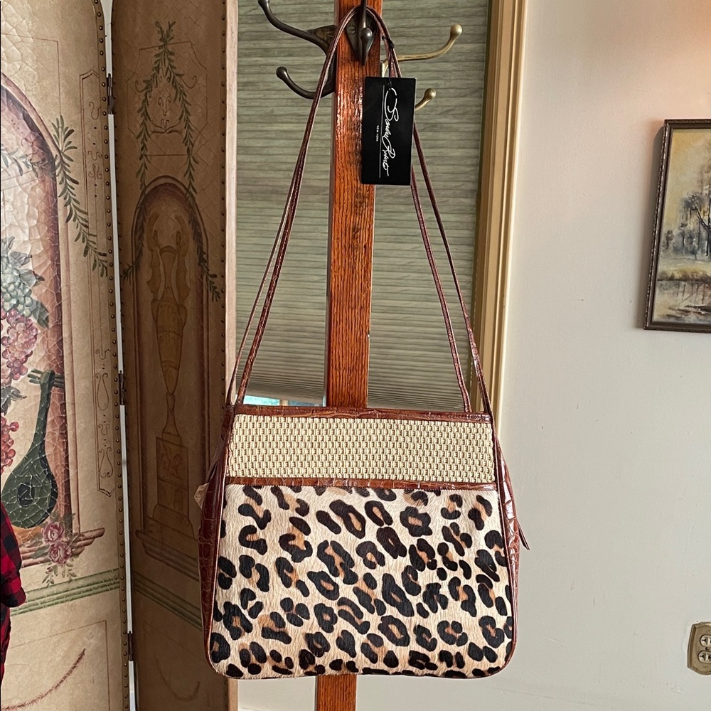 Sondra Robert’s NY Shoulder Bag Leopard Print Hide Croc Print Leather Rope Weave